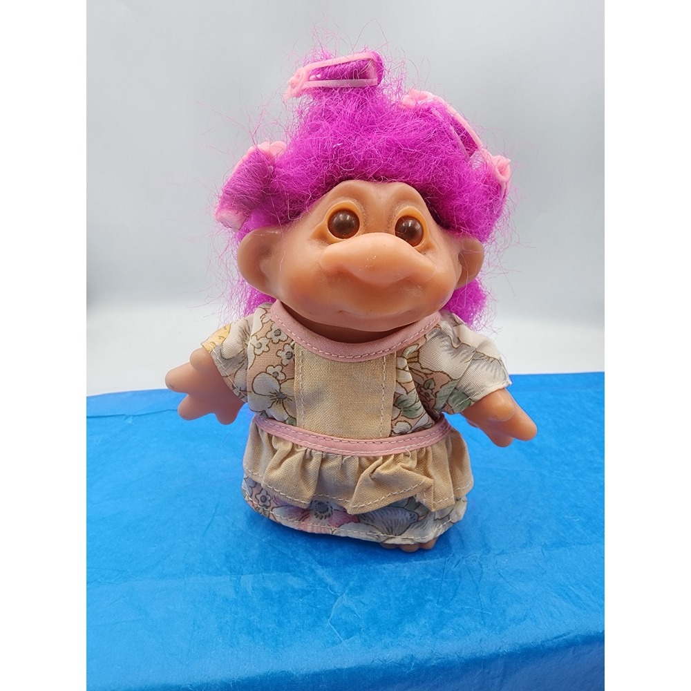 Vintage 1986 Dam Troll Doll Magenta Hair Floral Dress Pink Clips 5 Inch Toy